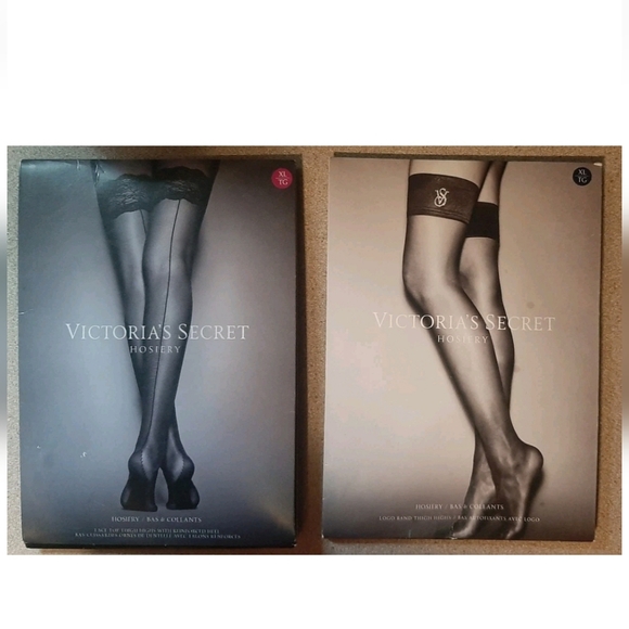 2 Pairs of Victoria's Secret Hoisery Logo Band & Lace Top Thigh Highs XL - Picture 1 of 5